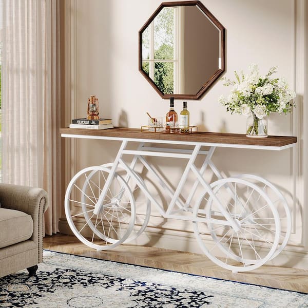 Benjamin 70.9 in. White& Brown Rectangle Wood Extra Long Console Table Bicycle Metal Base Living Room Entryway Hallway