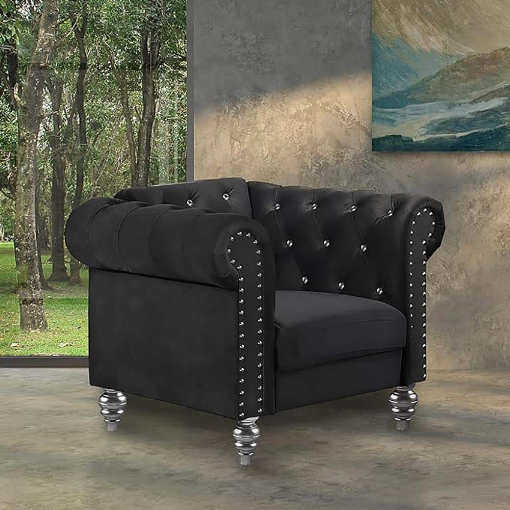 Emma Black Velvet Crystal Button Tufted Accent Chair