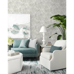 60.75 sq. ft. Coastal Haven Dove Grey Cordelia Tossed Palms Embossed Vinyl Unpasted Wallpaper Roll