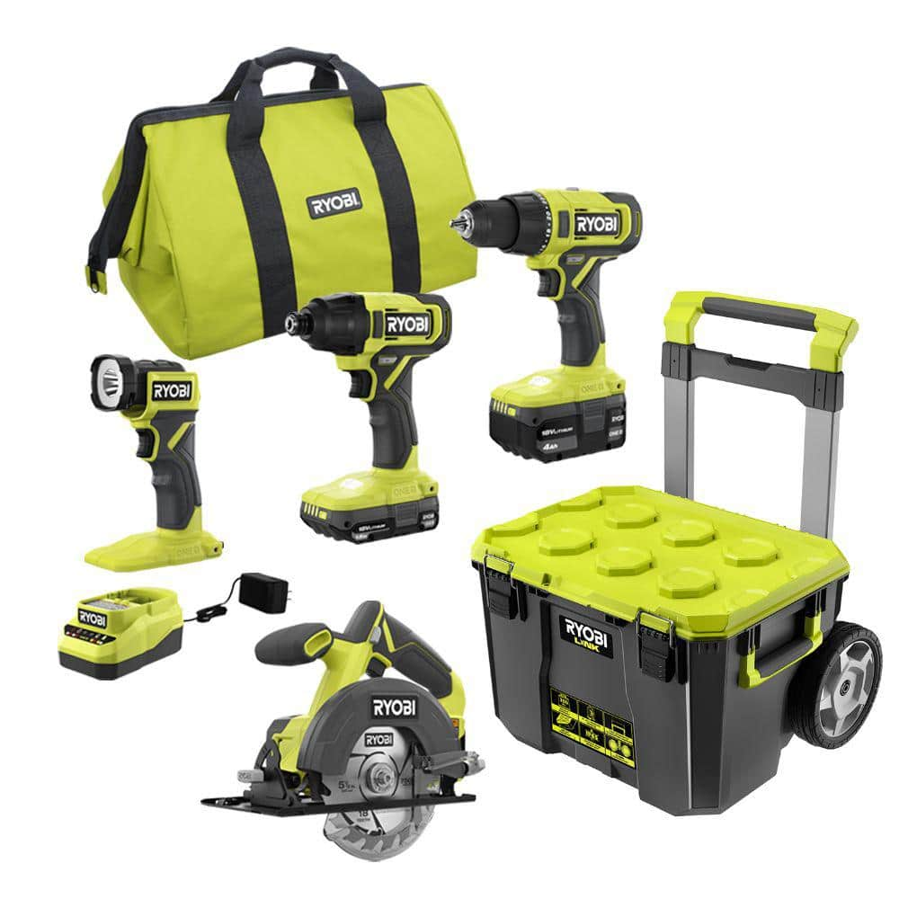 ONE+ 18V Cordless 4-Tool Combo Kit with 1.5 Ah Battery, 4.0 Ah Battery, Charger, and LINK Rolling Tool Box -  RYOBI, PCL1400K2STM201