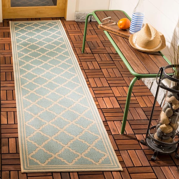 Beach House Aqua/Cream 2 ft. x 12 ft. Border Trellis Indoor/Outdoor Patio  Runner Rug