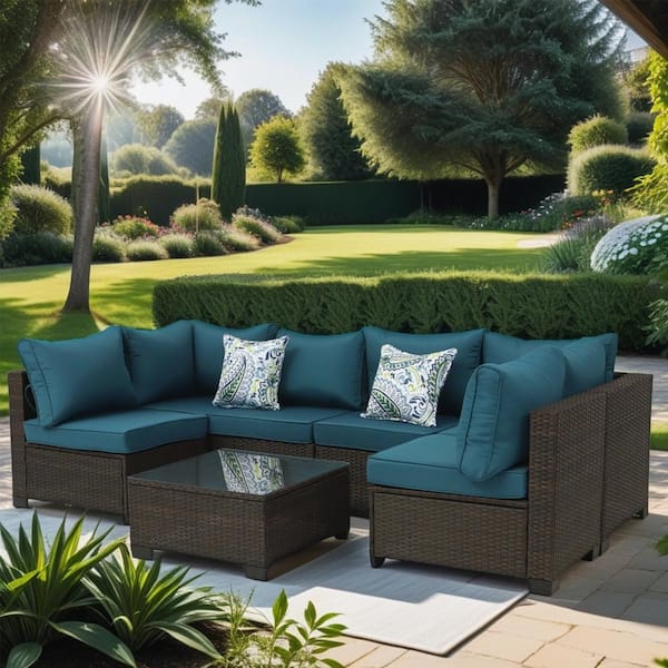 Cesicia Outdoor Brown 7-Piece Wicker Patio Conversation Set with Peacock Blue Cushions and Pillows