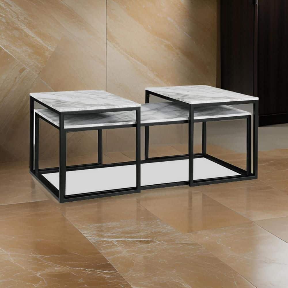 22 in. White and Black Rectangular Marble Top End Table (Set of 3)