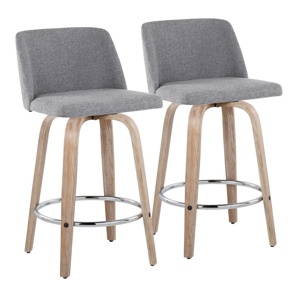 Gray Swivel Upholstered Counter Stool with Wood Legs
