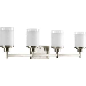 Alexa Collection 31 in. 4-Light Brushed Nickel Etched Opal Linen With Clear Edge Glass Modern Bathroom Vanity Light