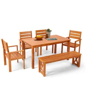 6-Piece Patio Dining Set, Rectangle Wood Dining Table with 4 Wood Dining Chairs and 1 Bench