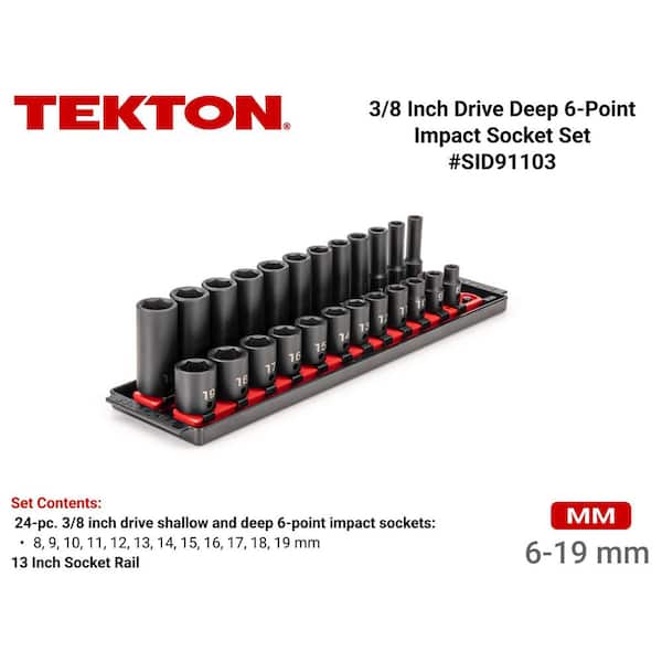 3/8 in. Drive 6-Point Impact Socket Set with Rails (8 mm-19 mm) (24-Piece)