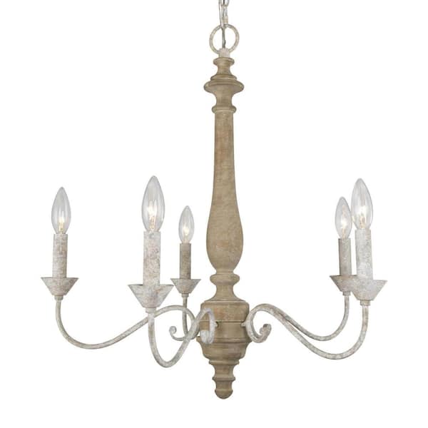Unbranded Rustic 5-Light Distressed White Wood Frech Country Chandelier for Living Room with No Bulb Included