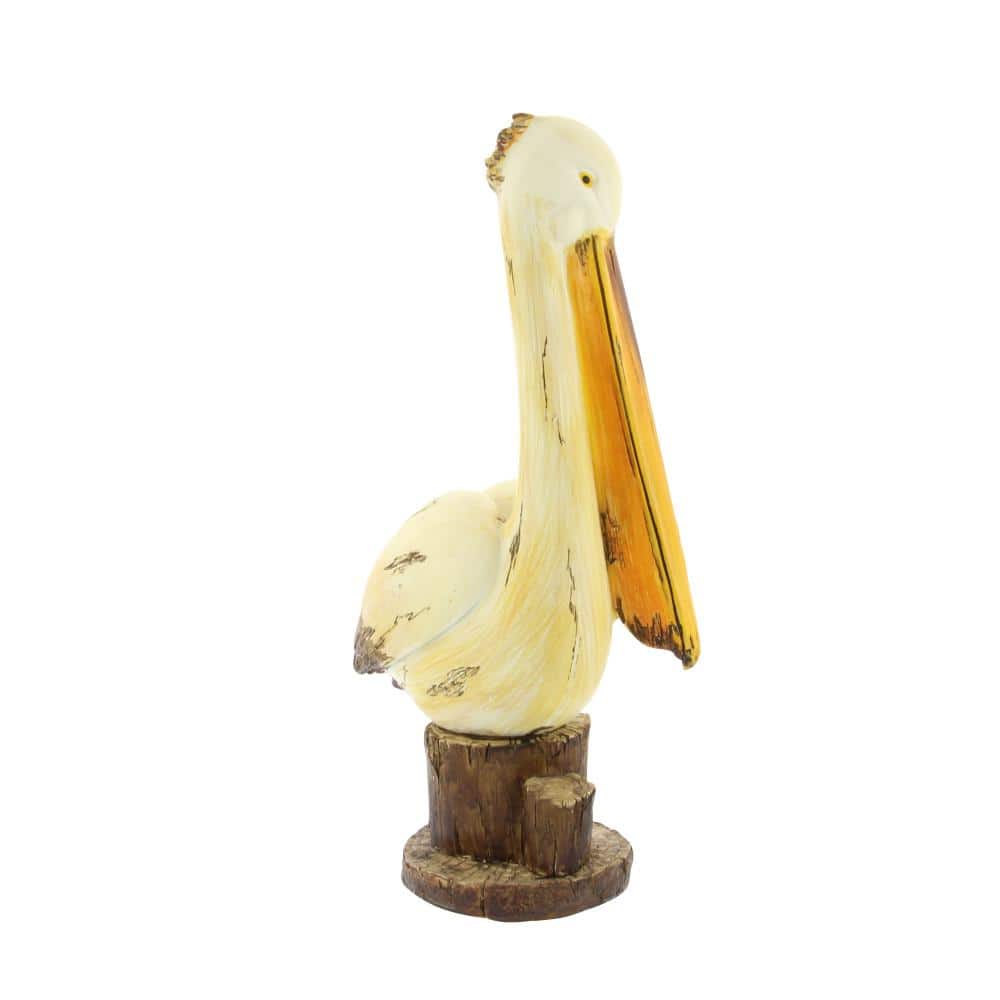 Cream and Brown Wood Pelican Sculpture with Pedestal