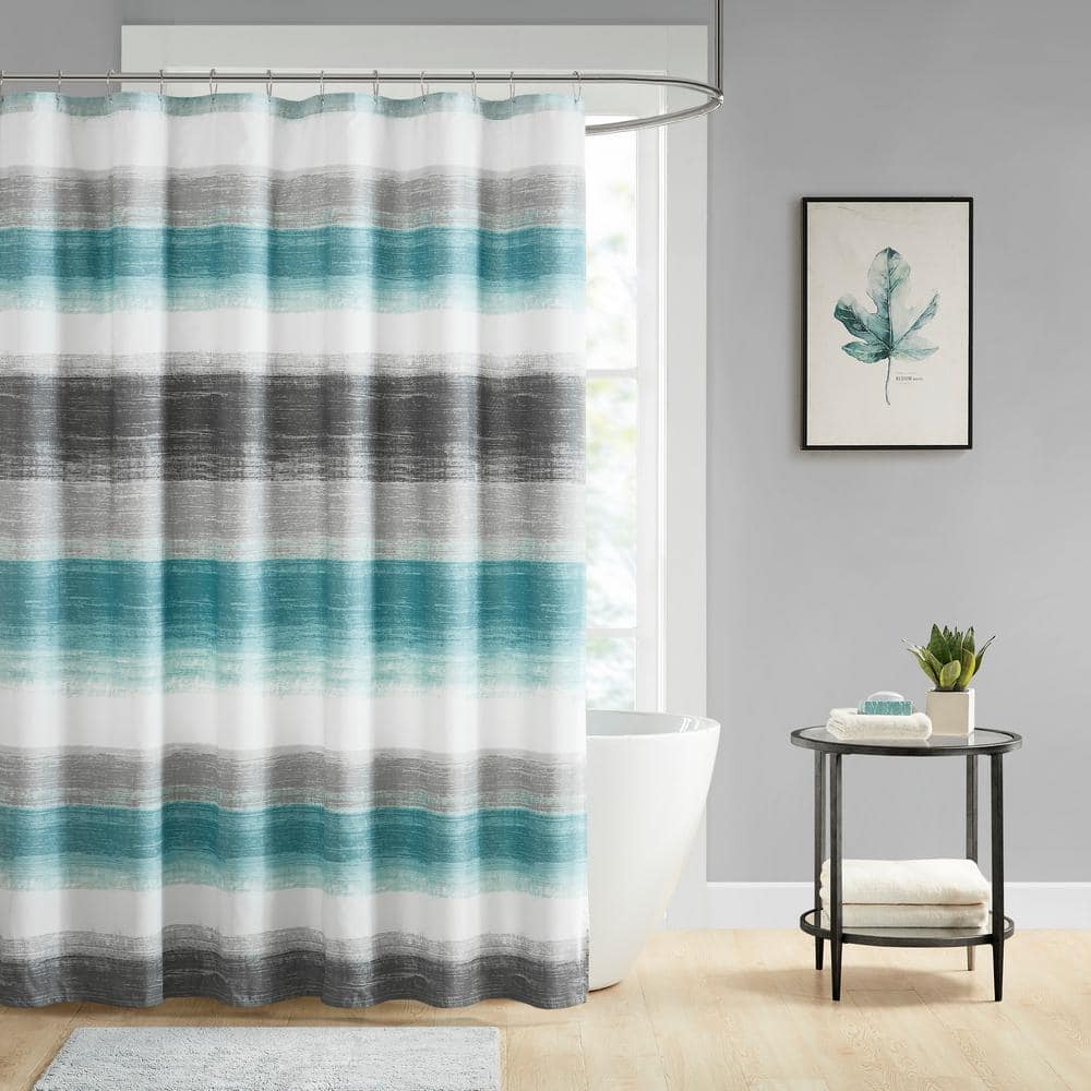 Aqua and Grey Watercolor Stripe Shower Curtain with Liner