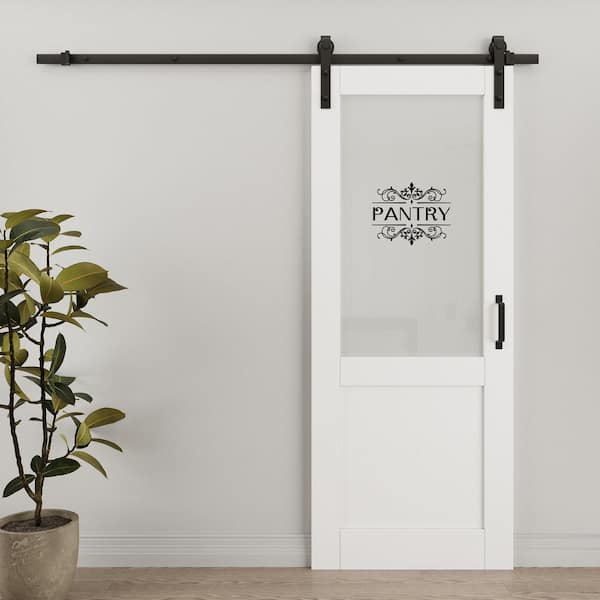 32 in. x 80 in. 1/2 Lite Glass White Primed MDF Composite Sliding Barn Door with Hardware Kit and Pantry Sticker