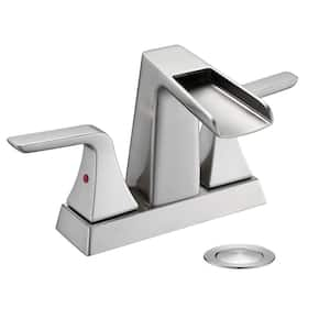 4 in. Centerset Double Handle Waterfall Bathroom Faucet with Drain Kit Included in Brushed Nickel