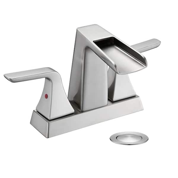 Pdpbath 4 in. Centerset Double Handle Waterfall Bathroom Faucet with Drain Kit Included in Brushed Nickel
