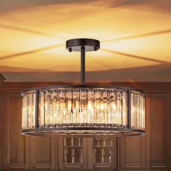 Jim 16.92 in. 4-Light Crystal Drum Chandelier Semi-Flush Mount Ceiling Light with Clear Crystal Glass Drum Shade
