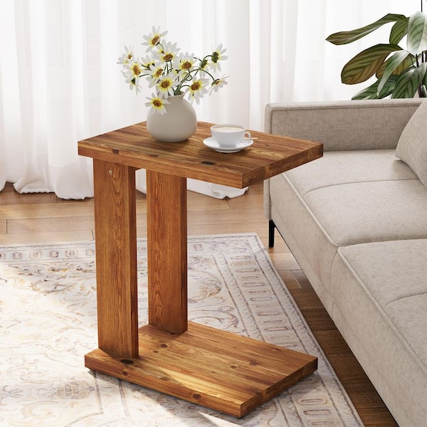 BYBLIGHT Kerlin 19.7 in. Natural C-Top Rectangle Solid Wood End Table ...