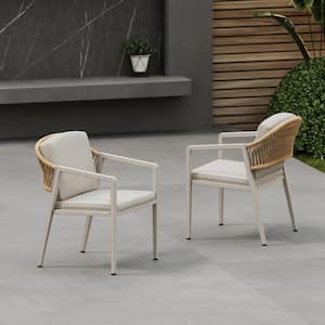 Woven Rope Outdoor Patio Dining Chair with Gray Cushions, (Set of 2)