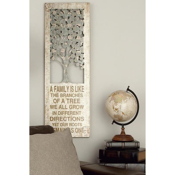 Litton Lane 12 in. x 36 in. Metal Beige Tree Sign Wall Decor