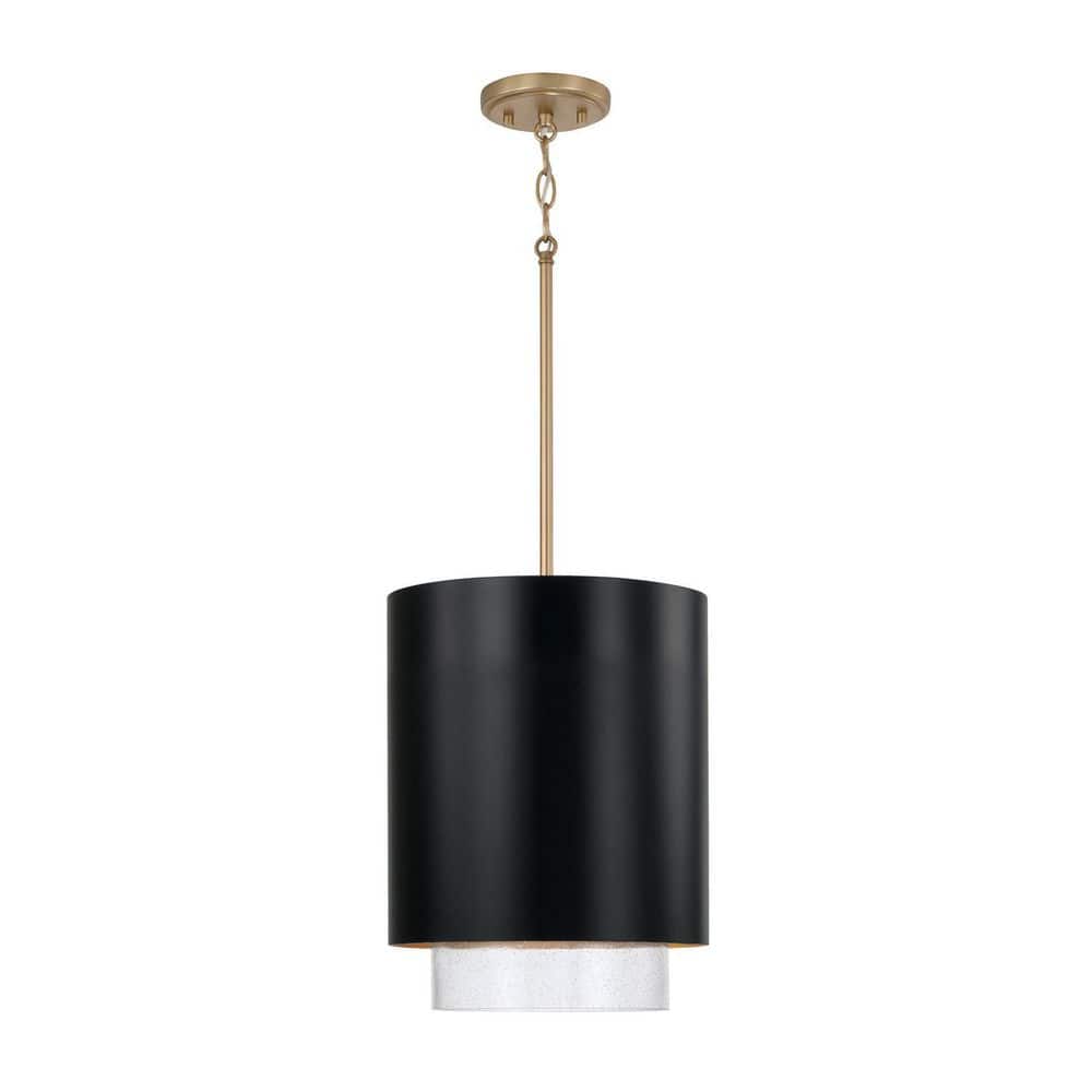 Weller 11.5 in W x 19.5 in H 1-Light Cylindrical Metal Pendant in Matte Black with Matte Brass Interior and Seeded Glass price history on PriceWatchPro