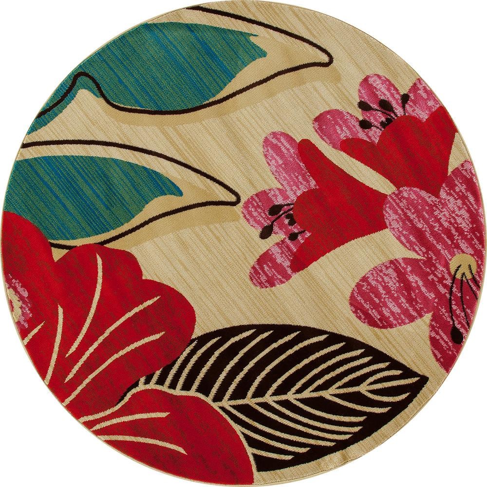 Antigua Hibiscus Beige 8 ft. x 8 ft. Round Area Rug