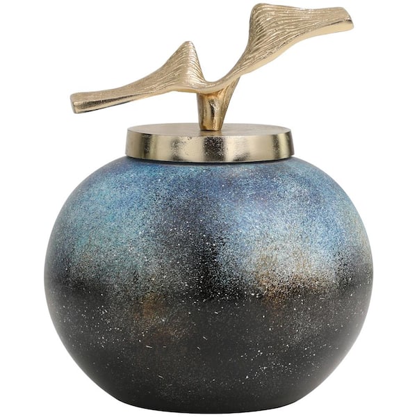 Litton Lane Blue Glass Abstract Galaxy Inspired Decorative Jars with Gold Wave Designed Top