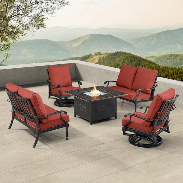 Oakland Living Black 5-Piece Aluminum Patio Fire Table Set with Red Cushions