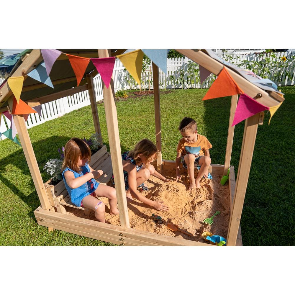 Funphix Wooden Sandbox Playhouse with Bench and Planter