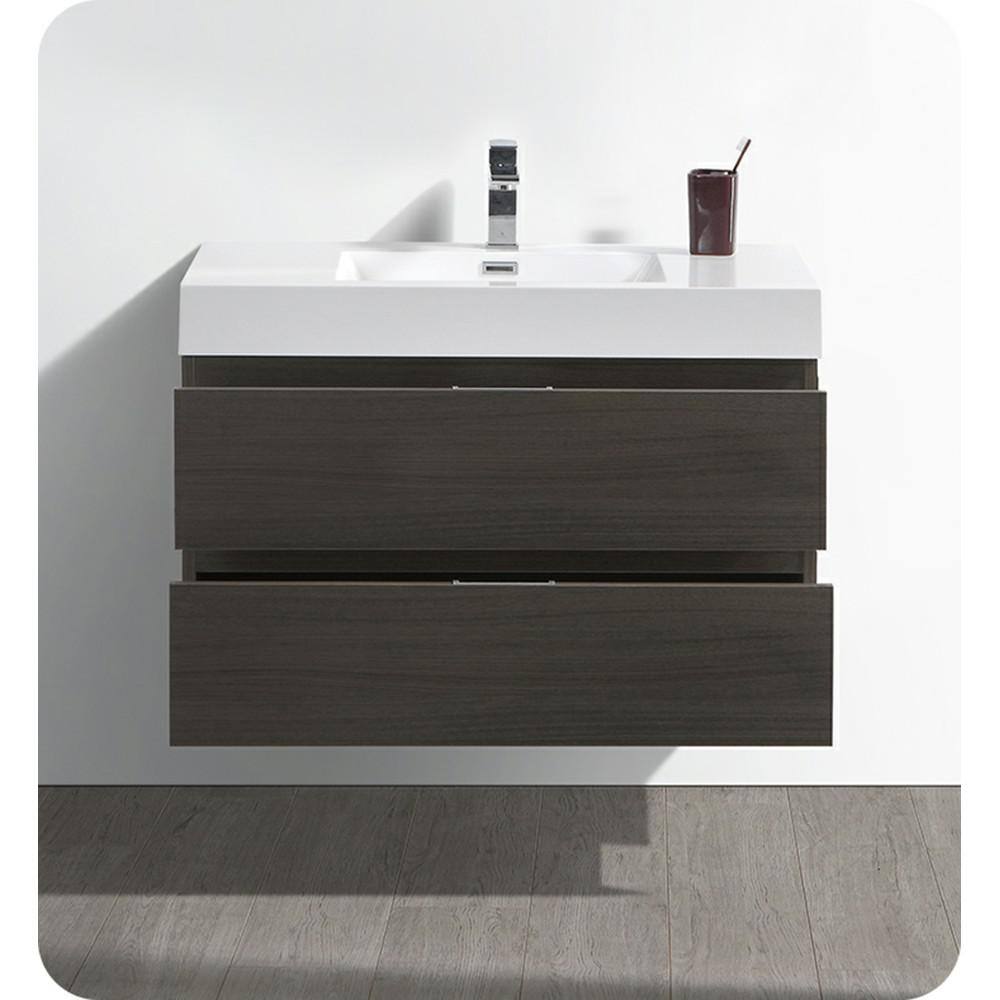 Gray Oak 36" Wall-Mount Modern Bathroom Vanity with Acrylic Top