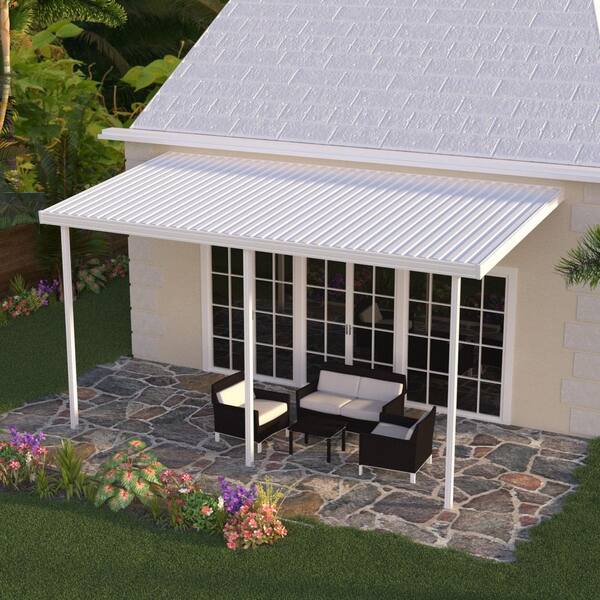 Integra 12 Ft X 10 Ft White Aluminum Attached Solid Patio Cover With 3 Posts 20 Lbs Live Load 1252006701012 The Home Depot