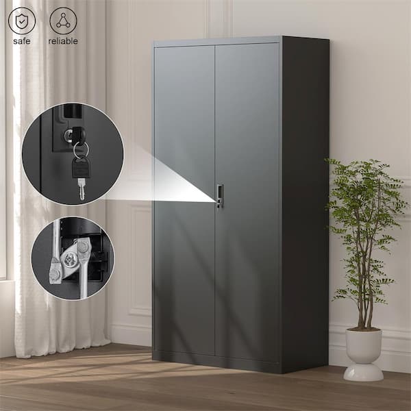 Kahomvis Black 70.8 in. H Metal Wardrobe with Hanging Rod, Lock