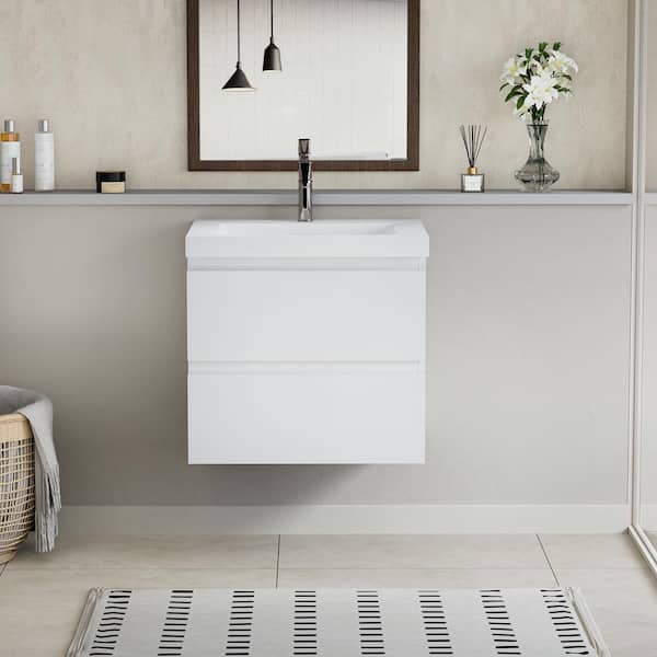 30 in. W x 19-3/4 in. D x 22-1/5 in. H Bathroom Wall Hung Vanity in White with Single Basin Vanity Top in White Resin
