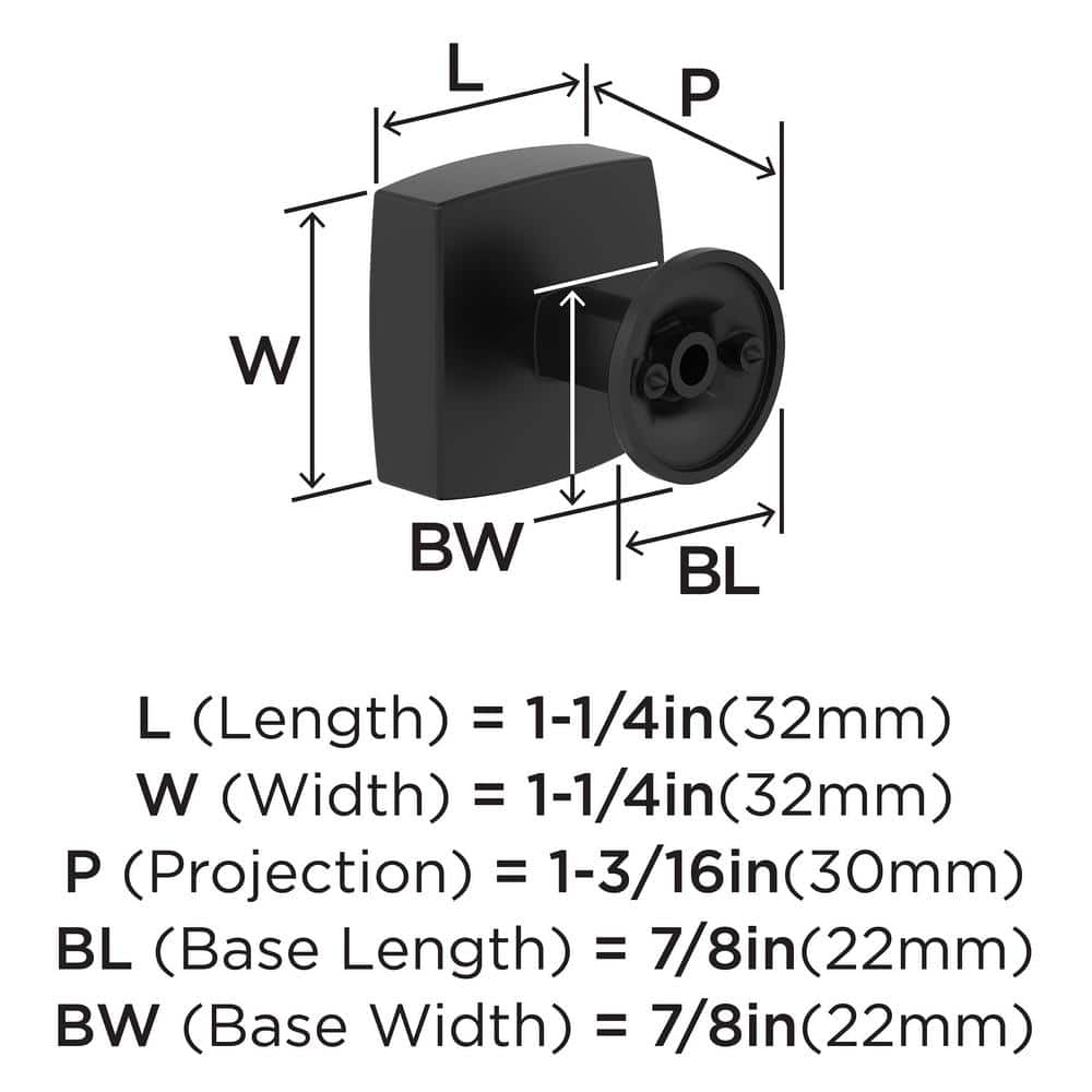 Everett 1-1/4 inch Matte Black Square Cabinet Knob with Mounting Hardware