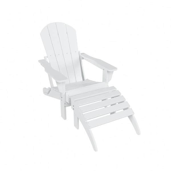 Laguna Outdoor Patio Traditional HDPE Plastic Folding Adirondack Chair with Footrest Ottoman in White