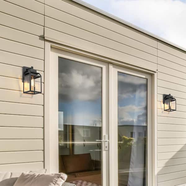 Modern Black Outdoor Wall Sconce 1-Light Cage Rustic Outdoor Garage/Porch Lighting with Clear Glass Panels