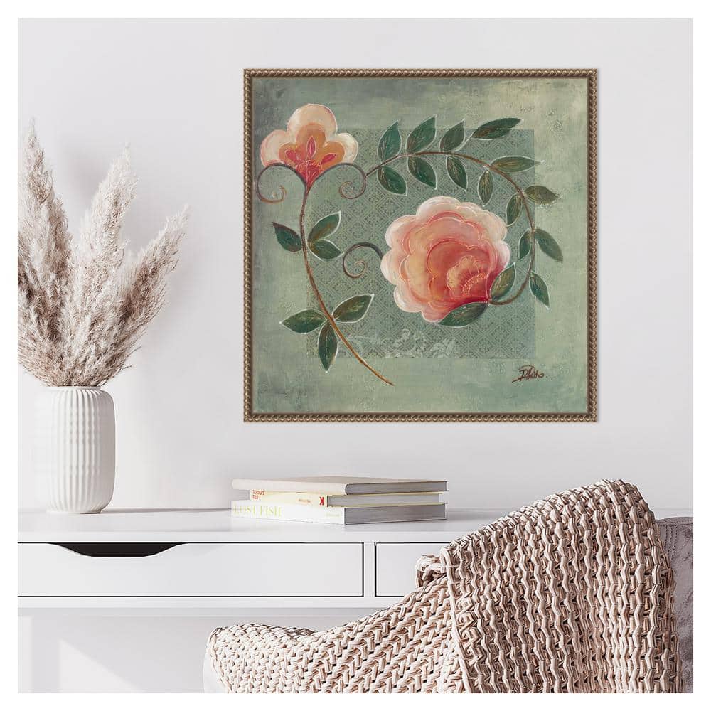 Beaded Bronze Framed Floral Green Canvas Wall Art
