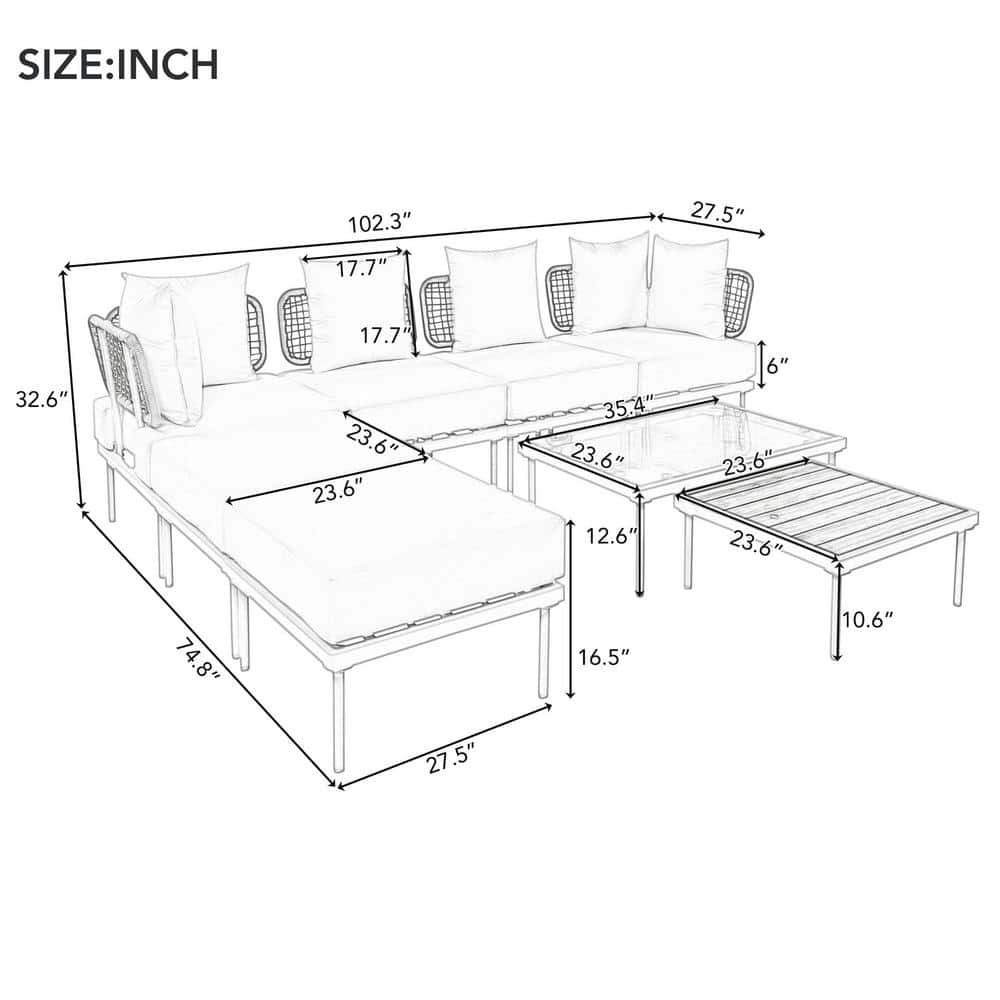 Beige Cushioned 6-Person Outdoor Sectional Sofa Set with White Iron Frame