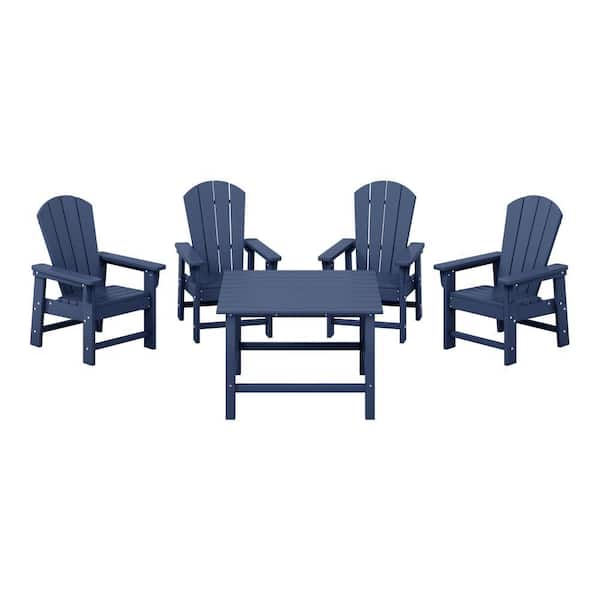 Children's Laguna Outdoor Patio All Weather Plastic 5-Piece Kids Adirondack Square Picnic Table Dining Set in Navy Blue