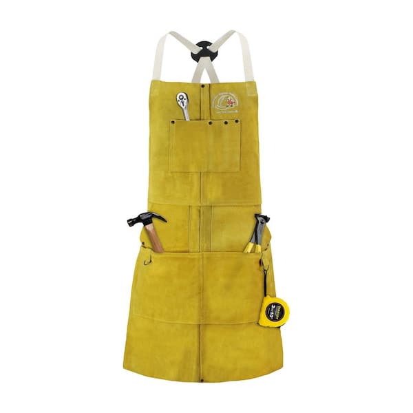 Heavy-Duty 36 in. by 24 in. Yellow Thick Premium Leather 7-Pocket Welding/Work Apron w/ Adjustable Strap and Buckle