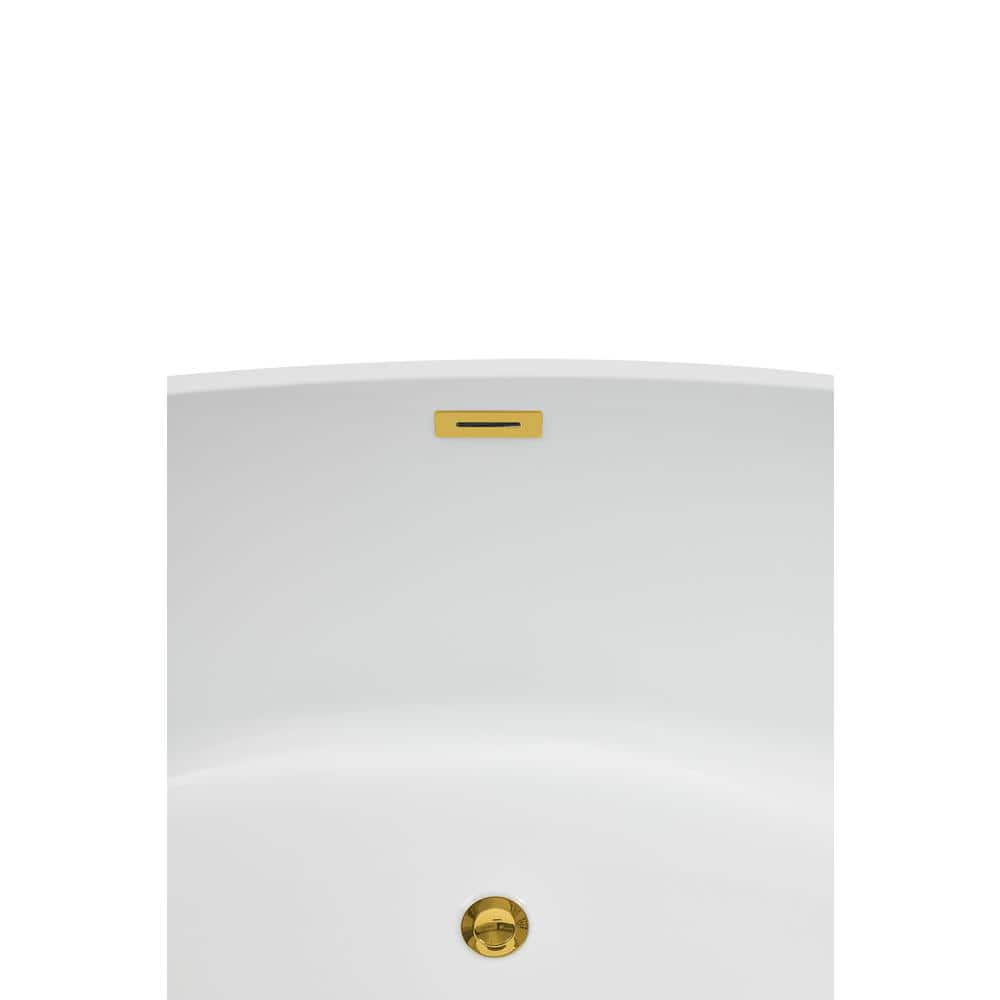 67" Glossy White Acrylic Freestanding Soaking Bathtub with Polished Gold Trim