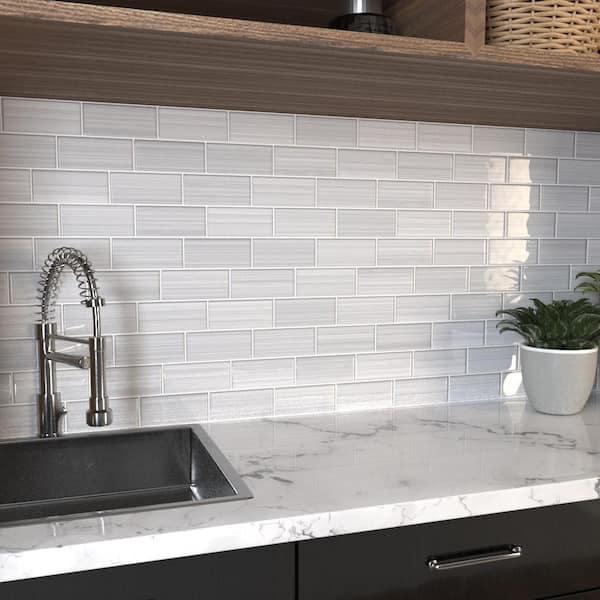 Hand Painted Sample 3 in. x 6 in. Neutral Gray 10 glass tile (0.125 sq. ft./1 Each)