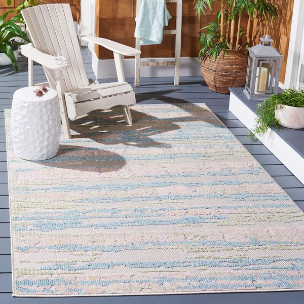 Cabana Aqua/Pink 7 ft. x 7 ft. Abstract Striped Indoor/Outdoor Square Area Rug
