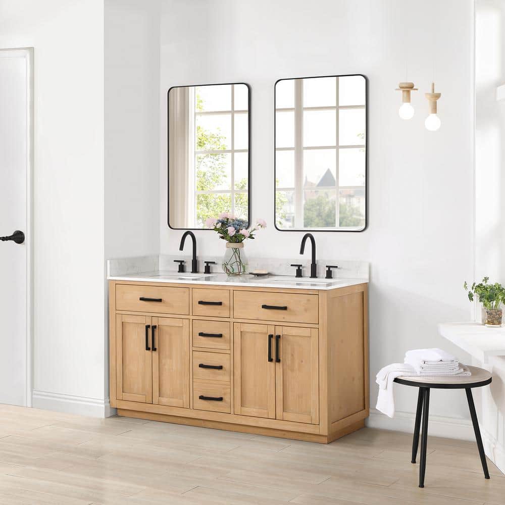 Gavino 60" Light Brown Wood Vanity with Stone Top and Mirror