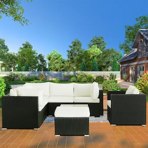 8-Piece Black Wicker Outdoor Sectional Set Patio Conversation Set with Coffee Table and Beige Cushions for Lawn,Backyard