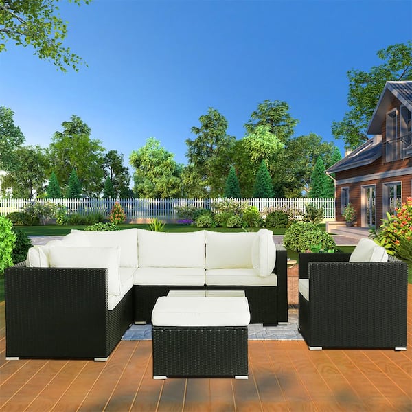 Runesay 8-Piece Black Wicker Outdoor Sectional Set Patio Conversation Set with Coffee Table and Beige Cushions for Lawn,Backyard