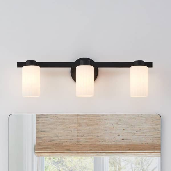 Bedminster 24-in. 3-light Matte Black Vanity Light with Etched Opal Ribbed Glass Shades