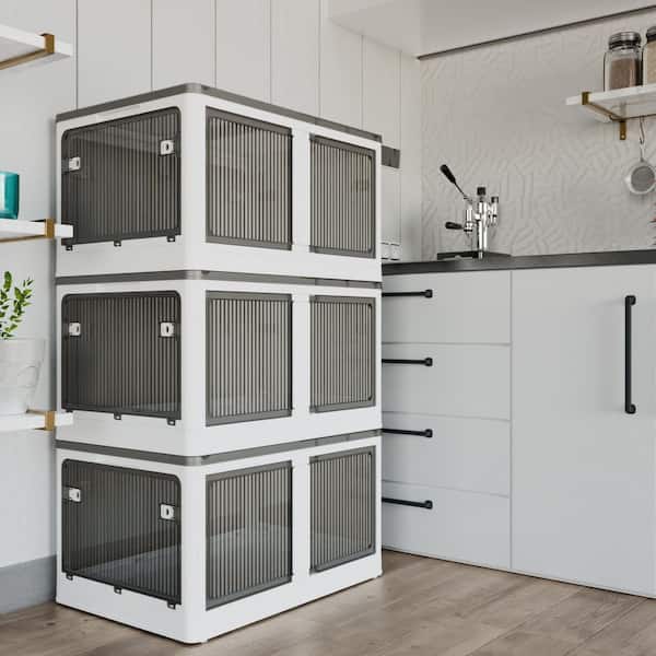 506 qt. Stackable Storage Bins with 5-Doors and Wheels, 4-Pack in Black