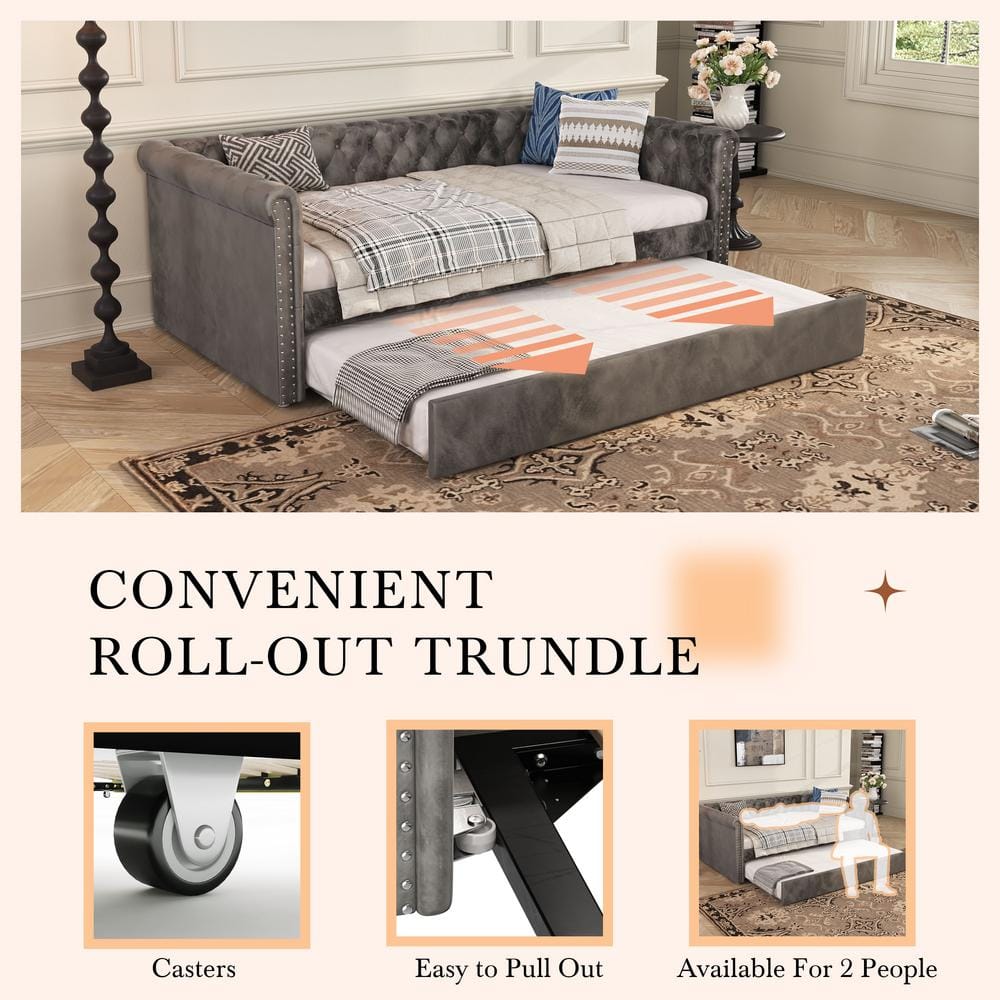 Gray Velvet Upholstered Twin Daybed with Trundle and Nailhead Trim