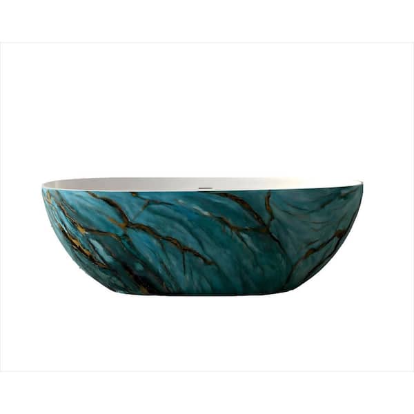 64.8 in. x 29.5 in. Freestanding Solid Surface Soaking Bathtub in Matte White and Green With Textured Finish