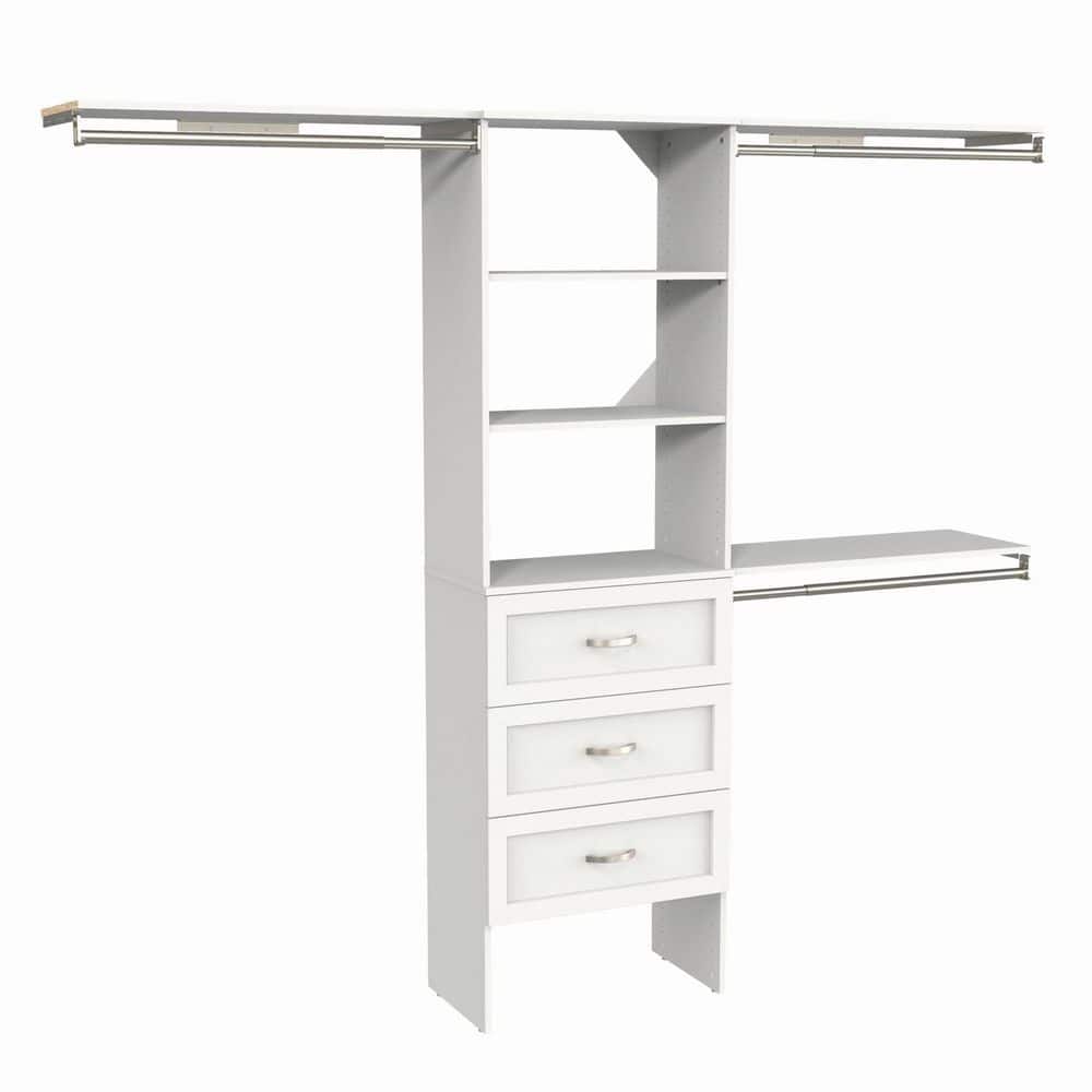 Style+ 73.1 in W - 121.1 in W White Basic Plus Floor Mount Wood Closet System KitWith Top Shelves and Shaker Drawers