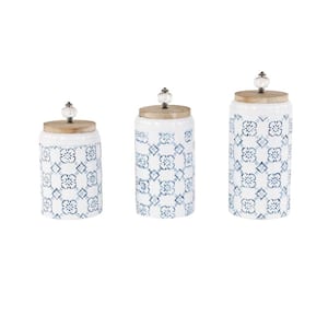 Tall, Round French Country Design Blue and White Metal Jars with Wood Lids and Acrylic Pumpkin Handles (Set of 3)