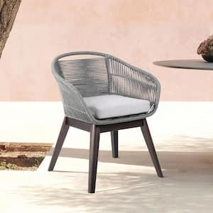 Tutti Frutti Cushioned Eucalyptus Wood Indoor Outdoor Dining Arm Chair in Dark with Latte Rope and Grey Cushions